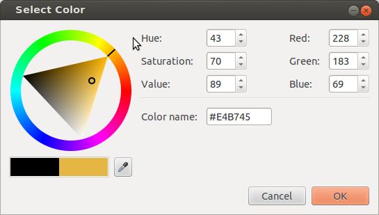 color picker with an outer wheel for selecting hue, and an inner triangle for selecting relative amounts of white and black