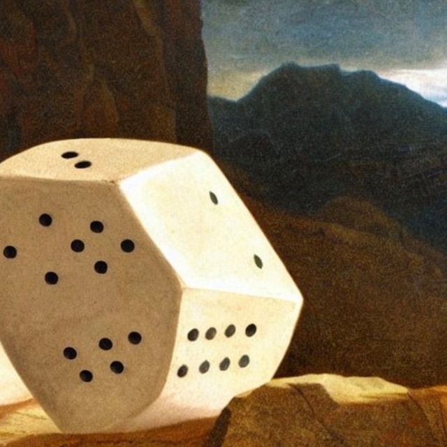 AI generated
big dice-like white boulder
with strange facets and black dots
sitting in a mountain range
