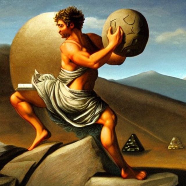 AI generated Sisyphus
awkwardly straddling rocks,
while holding a boulder
carved to be almost dice-like –
there are mountains and maybe more dice
in the background
