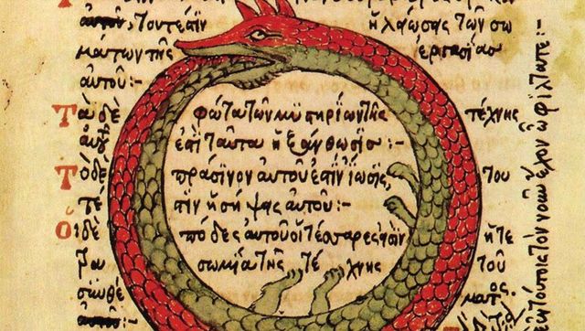 Fragment from a 13th century alchemical manuscript with a red and green oroboros serpent biting it's own tail, and seeming to give us side-eye
