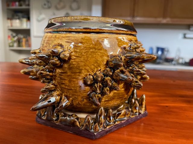 Small round flower pot covered in spikes off the side like organic mountain ranges, glazed in a streaked brown that gathers on the spikes and valleys, and on the rim -- set on a hexagon tray with stalagmites protruding around the pot base
