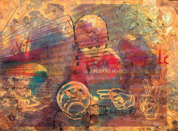 Exit stage right. Strata (layers)! The image now seems aged, sepia, and drawn over in black ink.