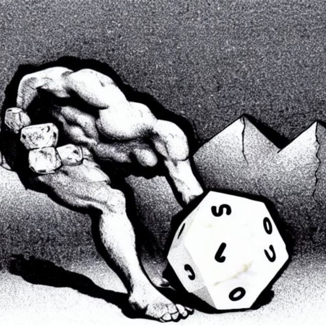 AI generated
black and white, a
muscular body without a head
leans over a large dice
with illegible markings –
there are mountains in the background