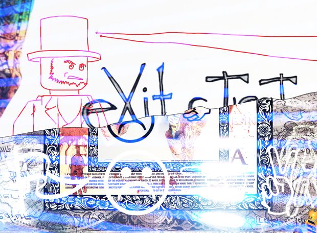 The map is ripped in half across the page, revealing red-line-drawn Lego Lincoln on a white background - and half the text exit strata