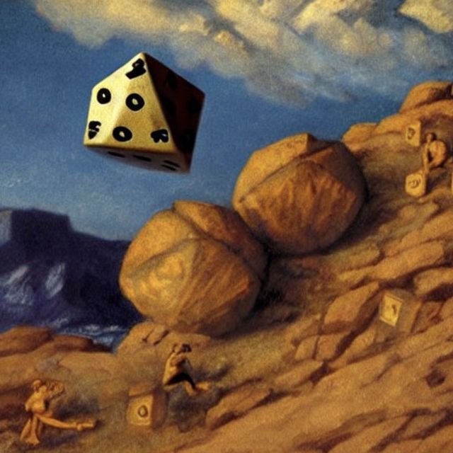 AI generated
mountain side
with what might be people,
some large boulders,
and a massive distorted dice-like
object above them in the sky